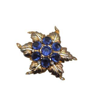 Deep Blue Rhinestone Large Flower Brooch Gold Tone Vintage Floral Piece